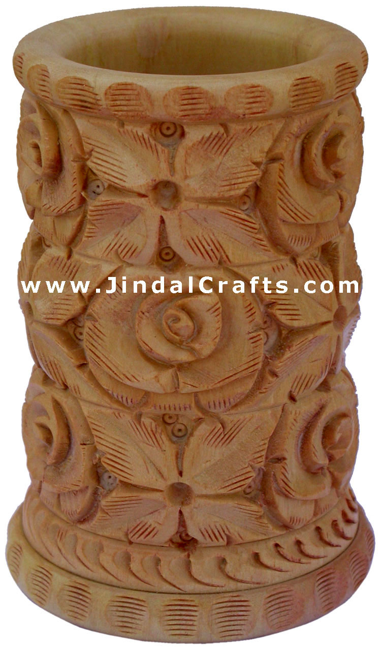 Hand Carved Wood Decorative Pen Holder Stand India Art