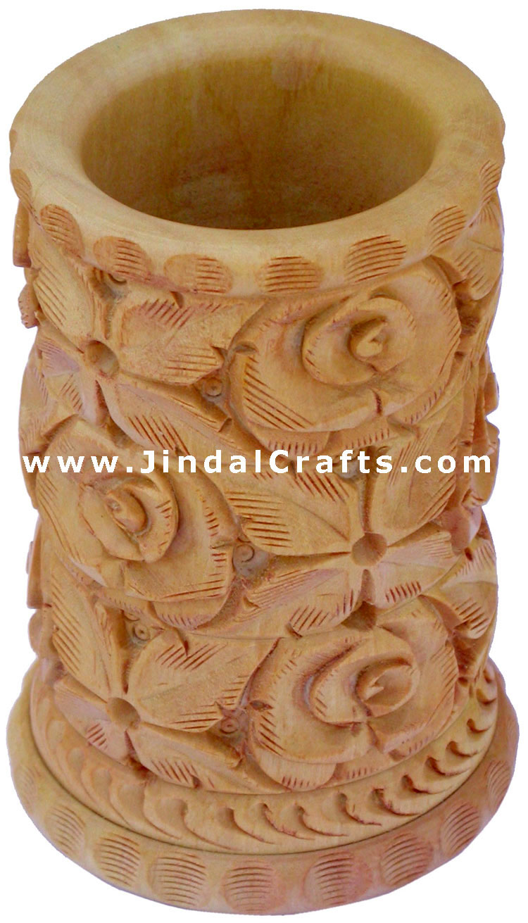 Hand Carved Wood Decorative Pen Holder Stand India Art