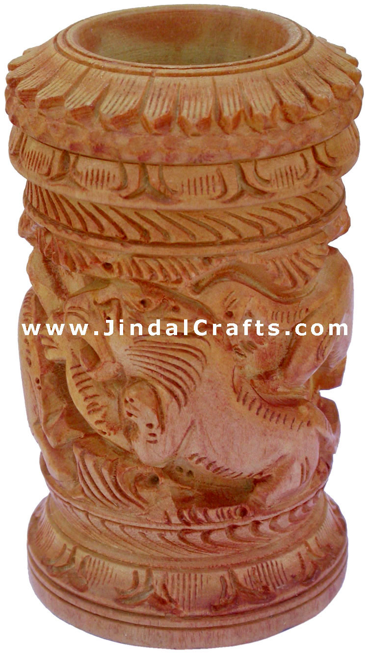 Hand Carved Wood Decorative Pen Holder Stand India Art