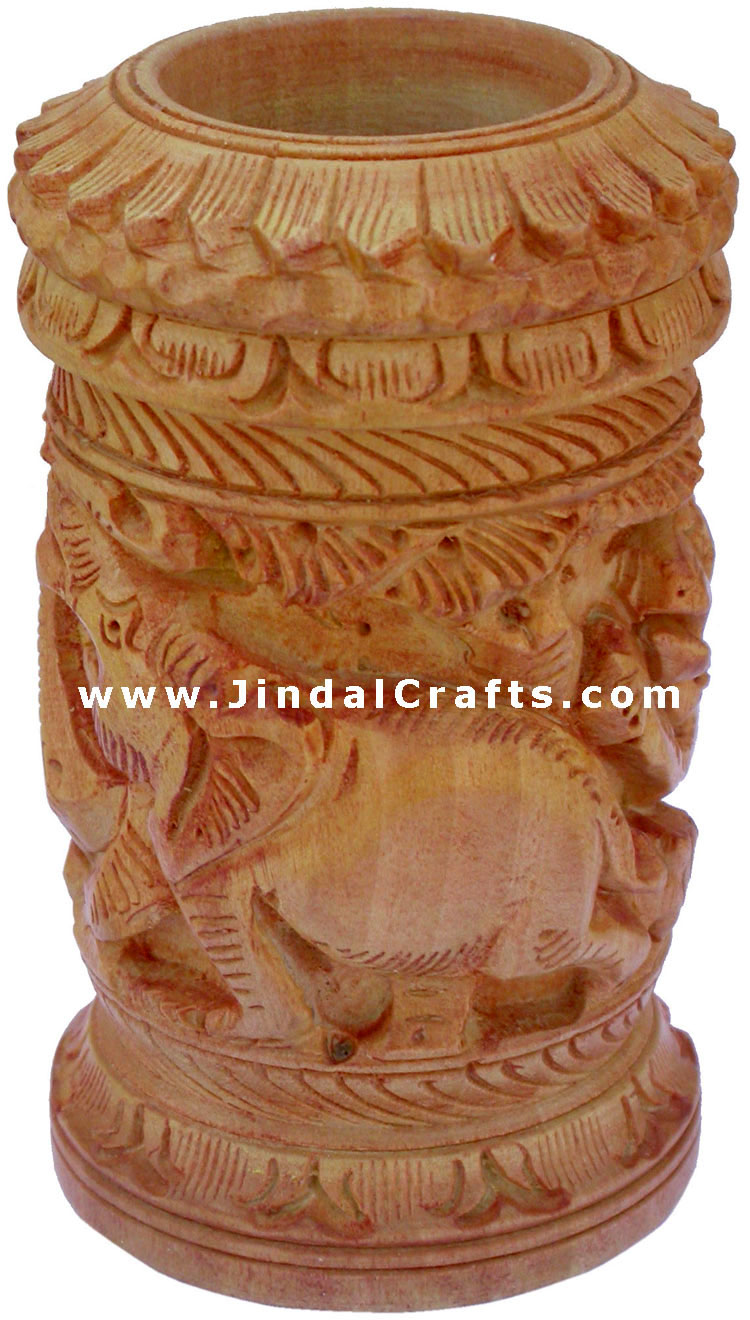 Hand Carved Wood Decorative Pen Holder Stand India Art