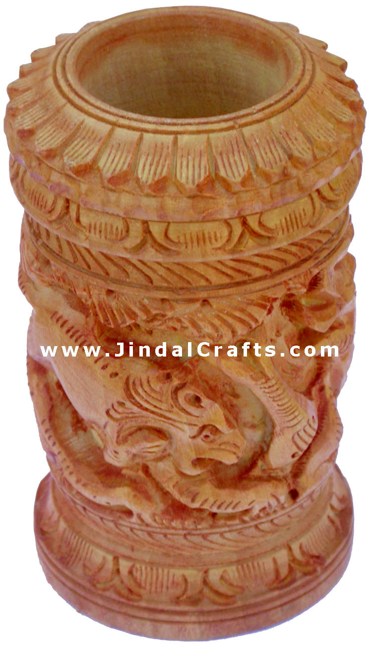 Hand Carved Wood Decorative Pen Holder Stand India Art