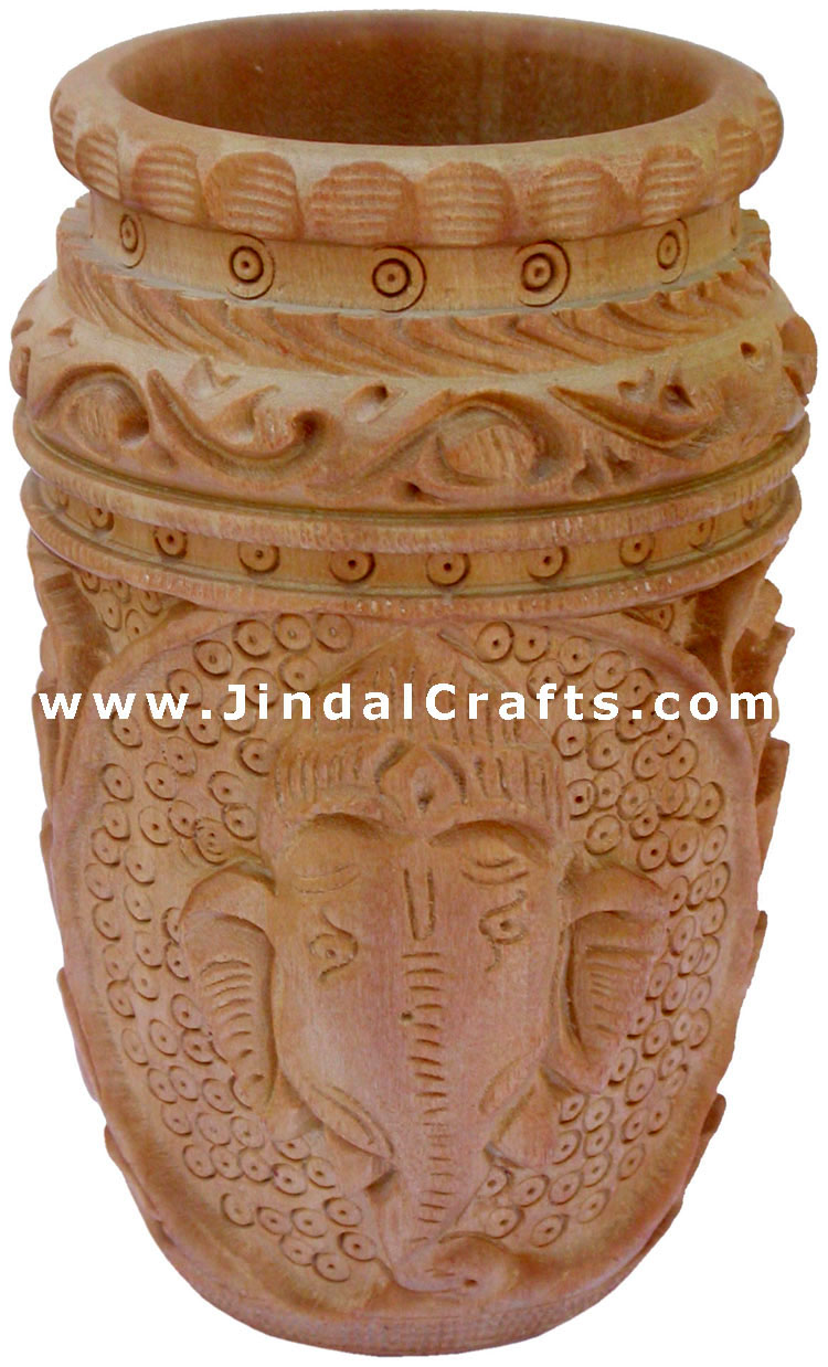 Hand Carved Wood Pen Holder Stand India Jungle Carving Gift Corporate Souvenirs