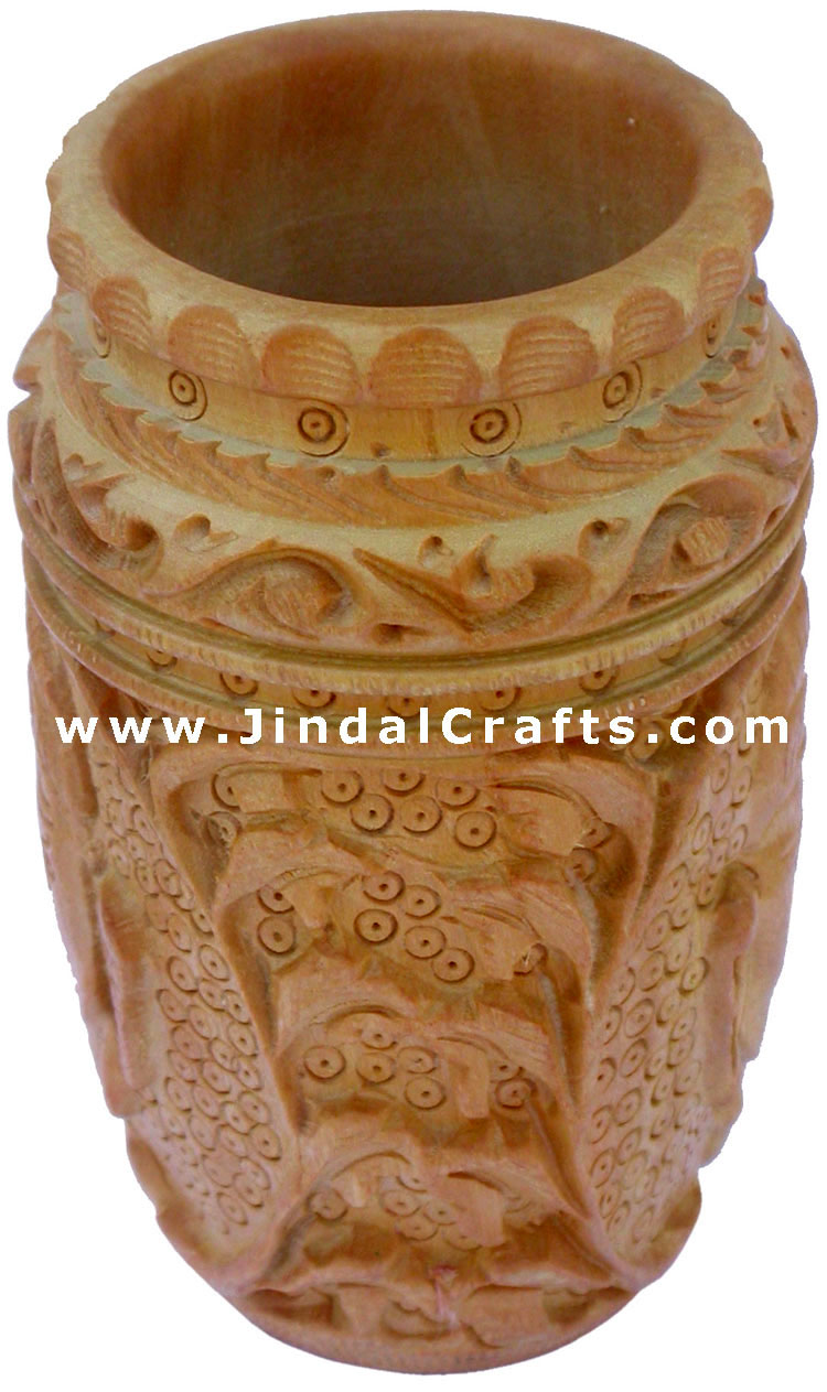 Hand Carved Wood Pen Holder Stand India Jungle Carving Gift Corporate Souvenirs