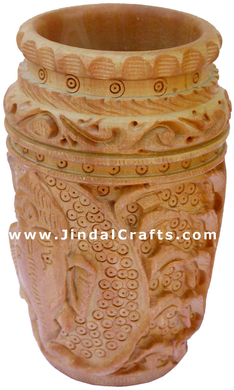 Hand Carved Wood Pen Holder Stand India Jungle Carving Gift Corporate Souvenirs