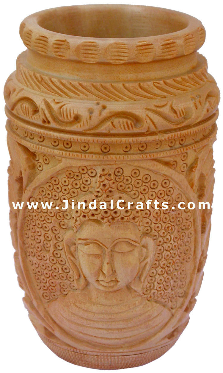 Hand Carved Wood Decorative Pen Holder Stand India Art