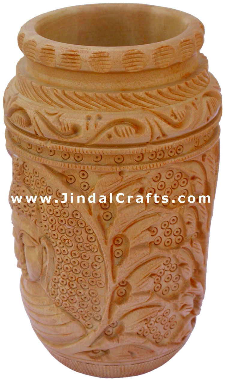 Hand Carved Wood Decorative Pen Holder Stand India Art