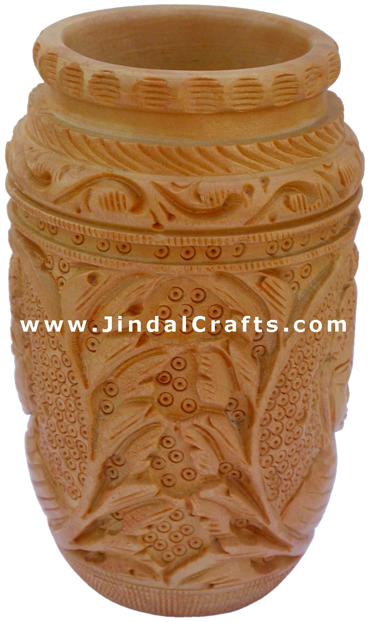 Hand Carved Wood Decorative Pen Holder Stand India Art