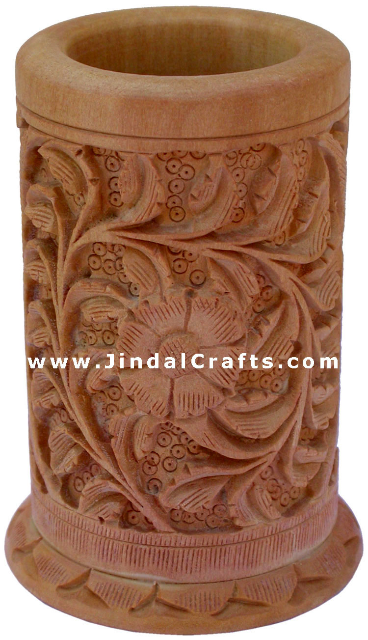 Hand Carved Wood Decorative Pen Holder Stand India Art
