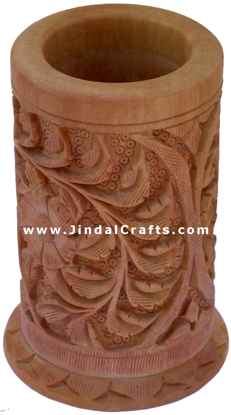 Hand Carved Wood Decorative Pen Holder Stand India Art