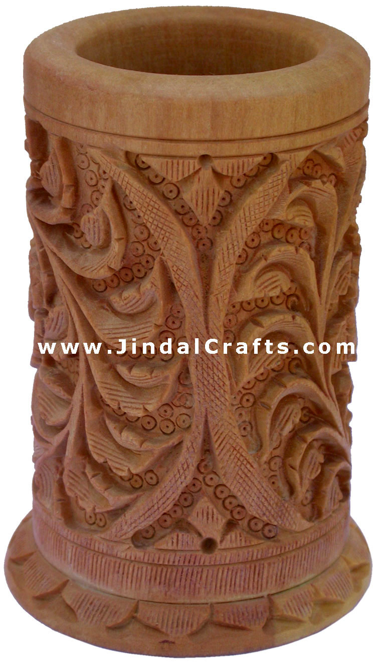 Hand Carved Wood Decorative Pen Holder Stand India Art