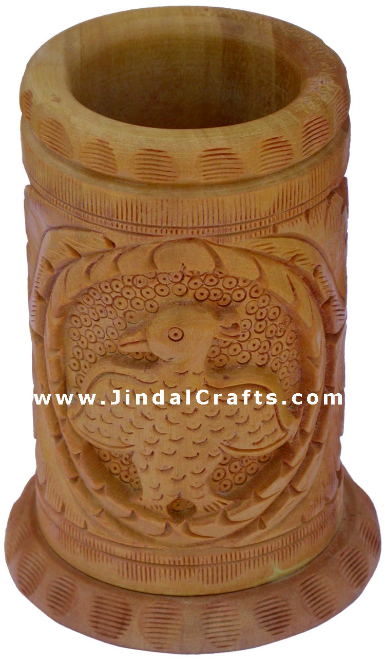 Hand Carved Wood Decorative Pen Holder Stand India Art