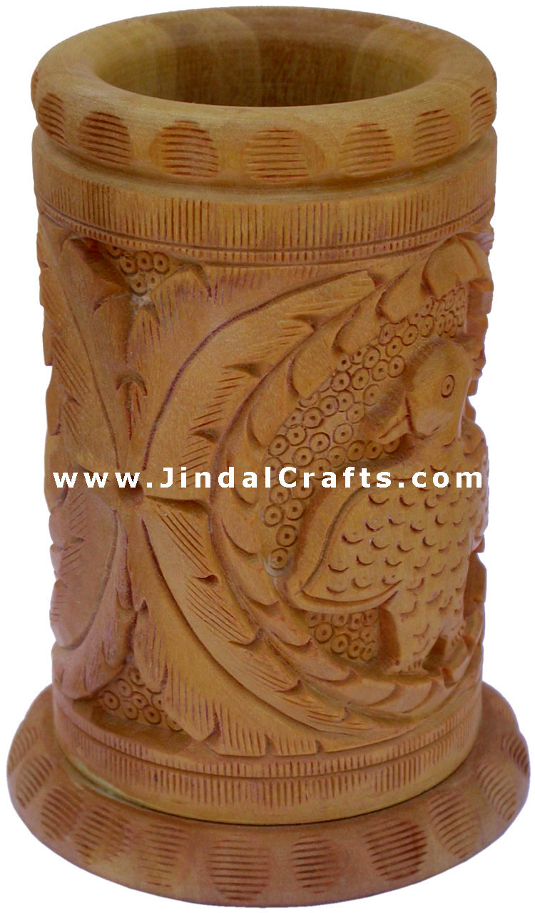 Hand Carved Wood Decorative Pen Holder Stand India Art