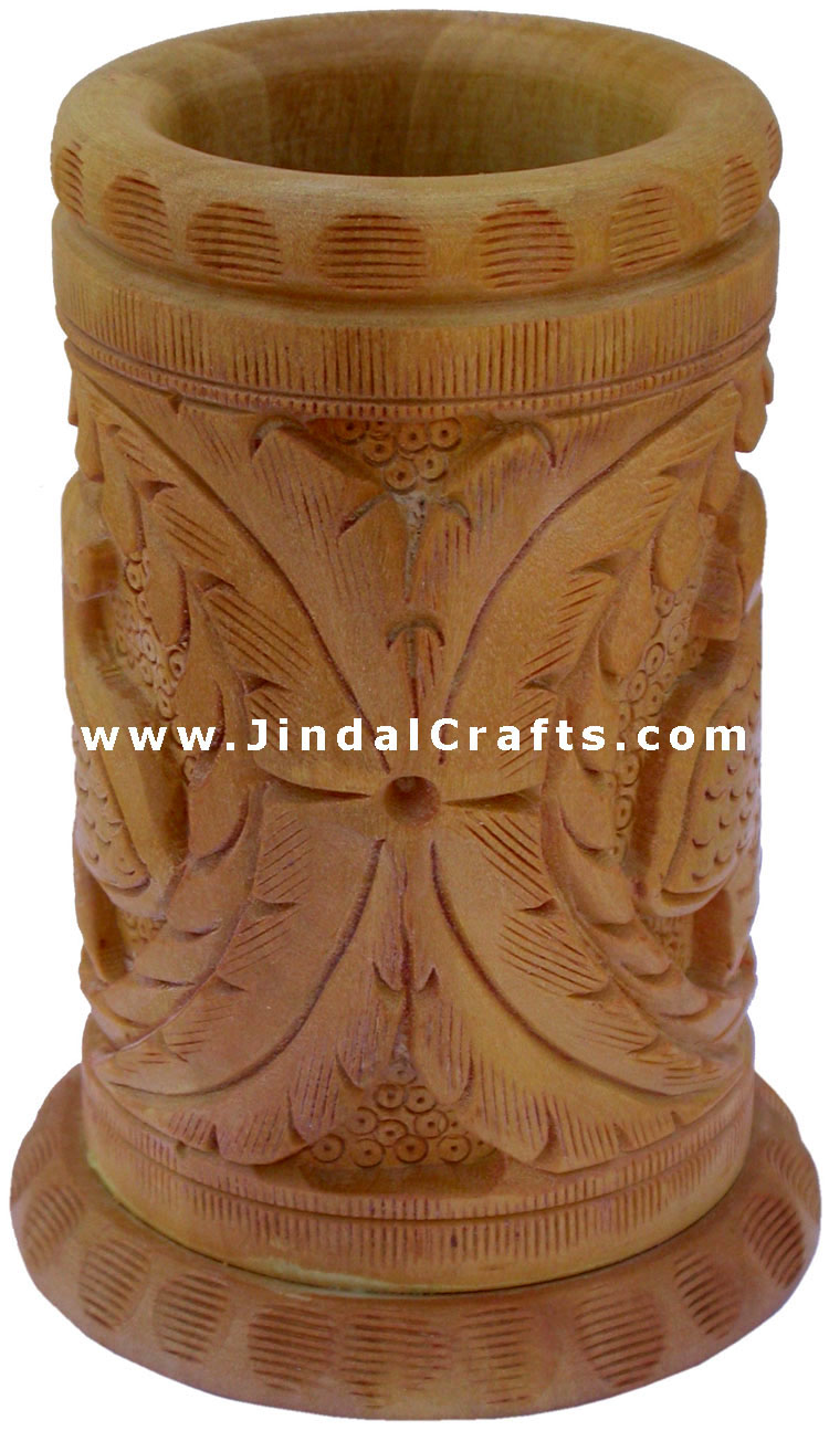Hand Carved Wood Decorative Pen Holder Stand India Art