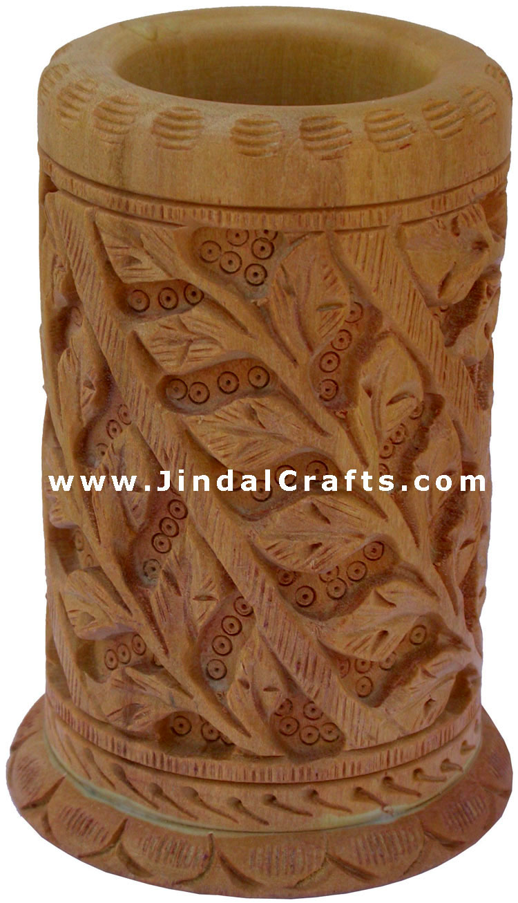 Hand Carved Wood Decorative Pen Holder Stand India Art