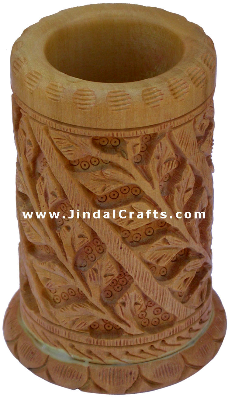Hand Carved Wood Decorative Pen Holder Stand India Art