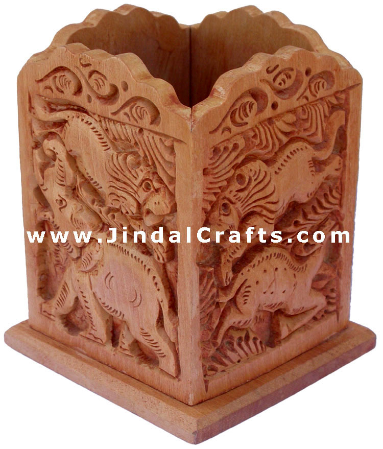 Hand Carved Wood Decorative Pen Holder Stand India Art