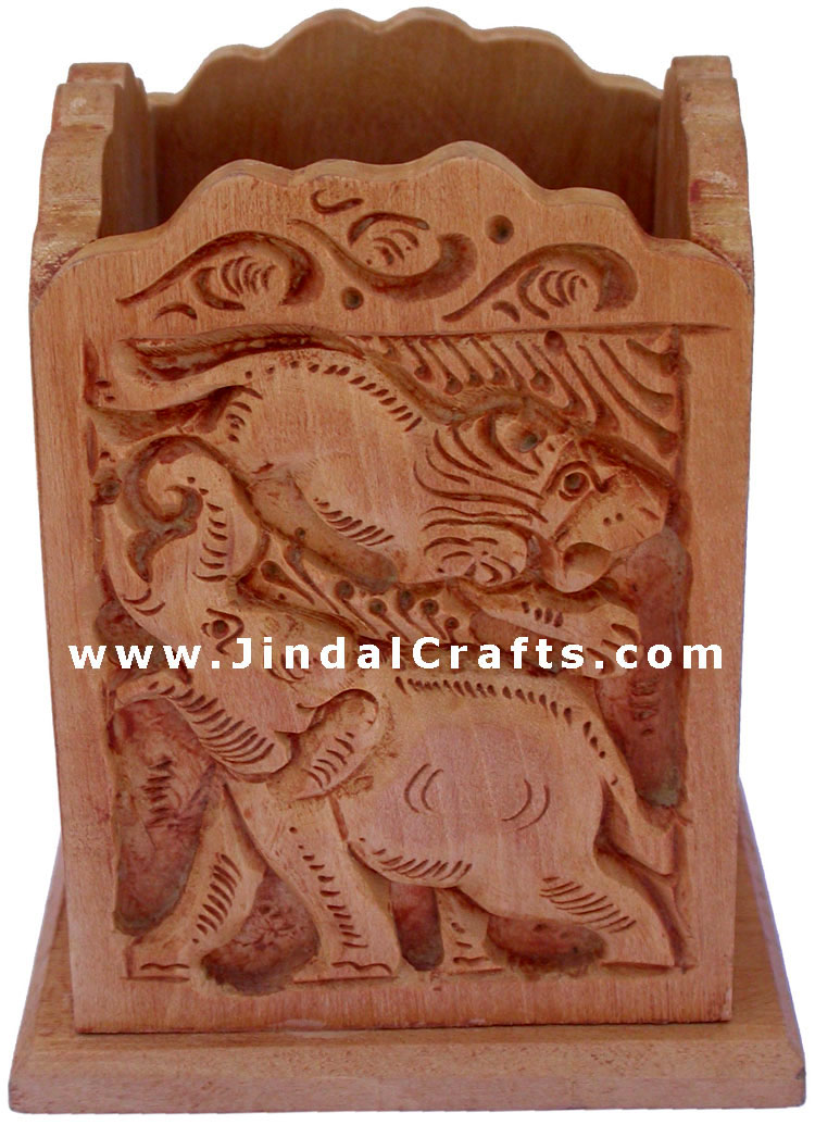 Hand Carved Wood Decorative Pen Holder Stand India Art
