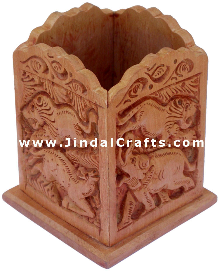 Hand Carved Wood Decorative Pen Holder Stand India Art