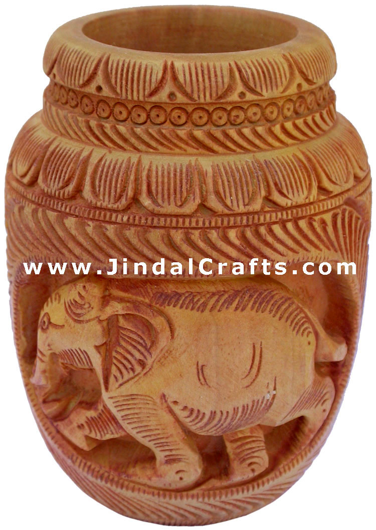 Hand Carved Wood Decorative Pen Holder Stand India Art