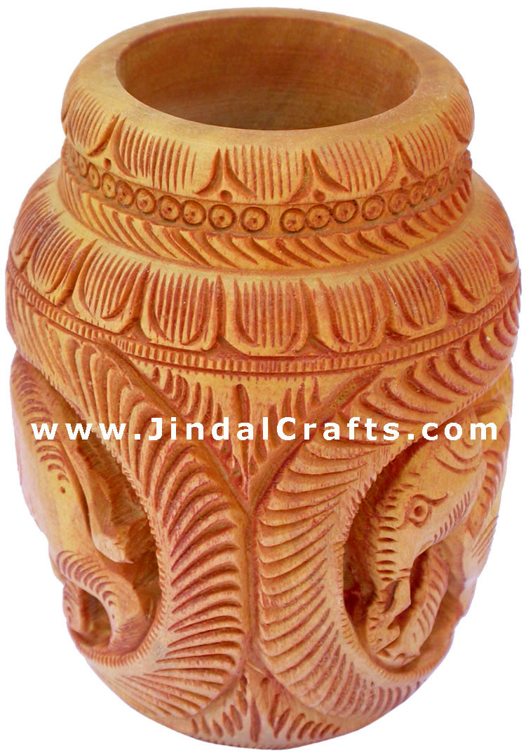 Hand Carved Wood Decorative Pen Holder Stand India Art