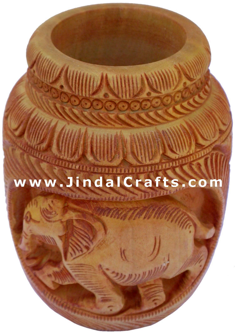 Hand Carved Wood Decorative Pen Holder Stand India Art