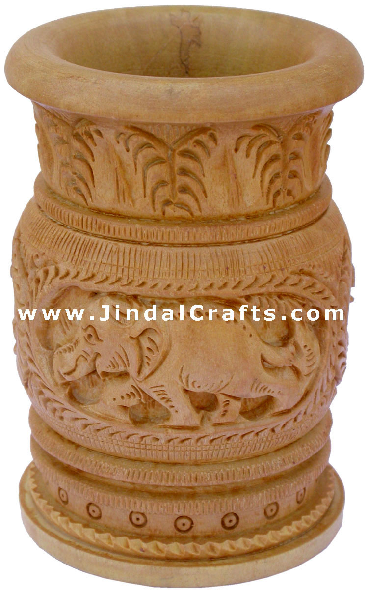 Hand Carved Wood Pen Holder Stand India Jungle Carving Gift Corporate Souvenirs
