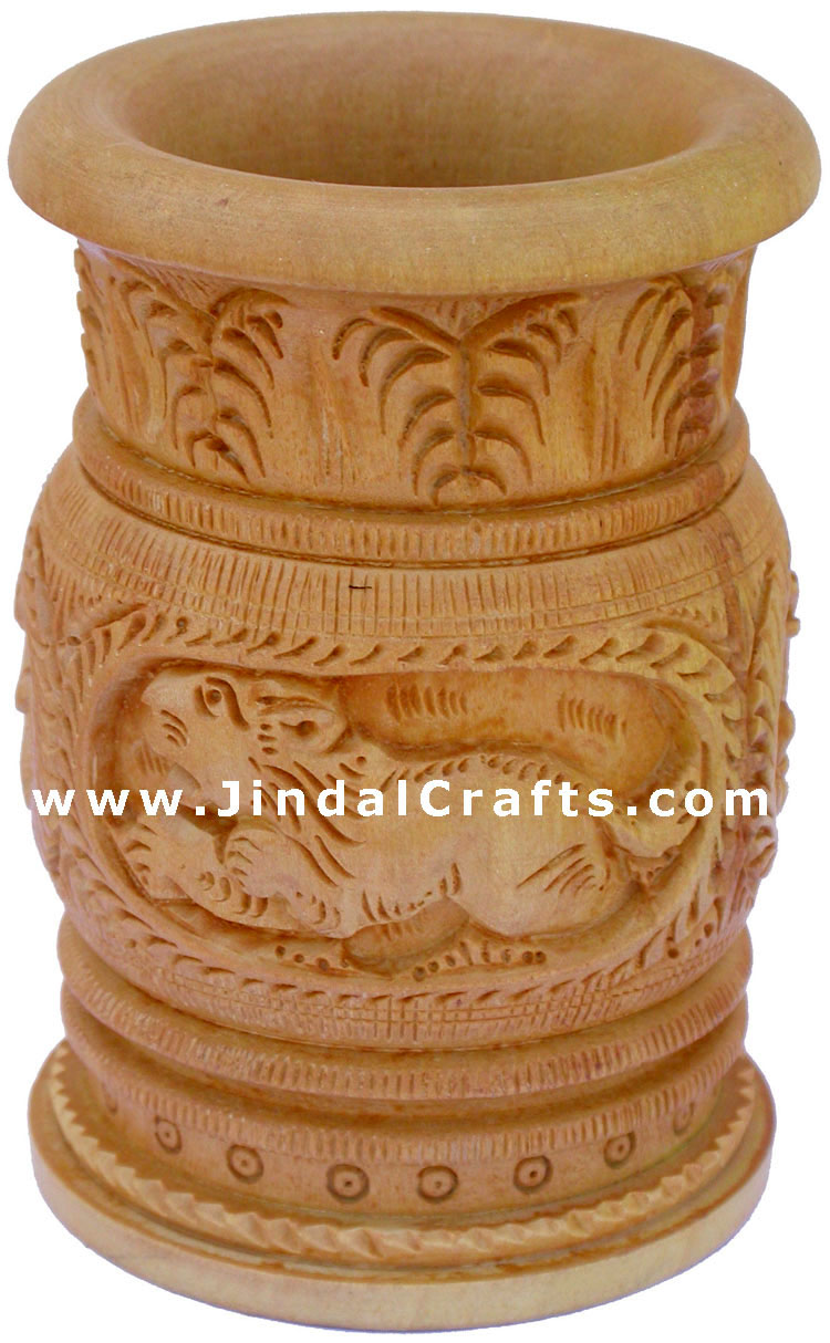 Hand Carved Wood Pen Holder Stand India Jungle Carving Gift Corporate Souvenirs