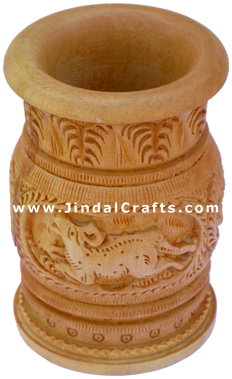Hand Carved Wood Pen Holder Stand India Jungle Carving Gift Corporate Souvenirs