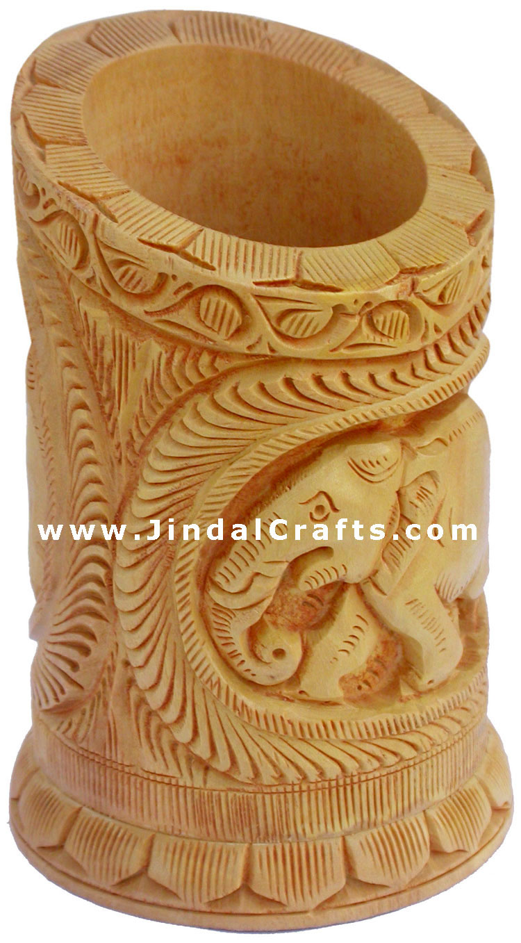 Hand Carved Wood Decorative Pen Holder Stand India Art