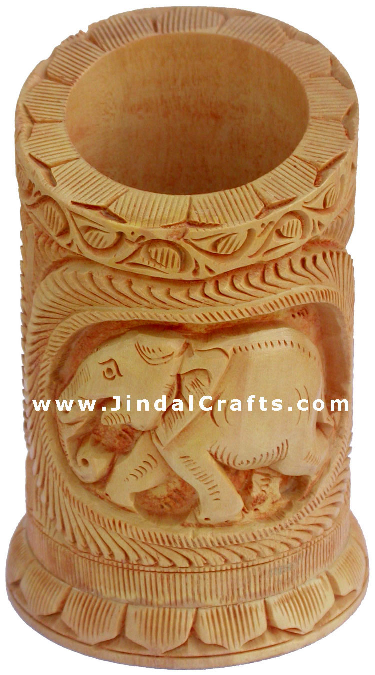 Hand Carved Wood Decorative Pen Holder Stand India Art