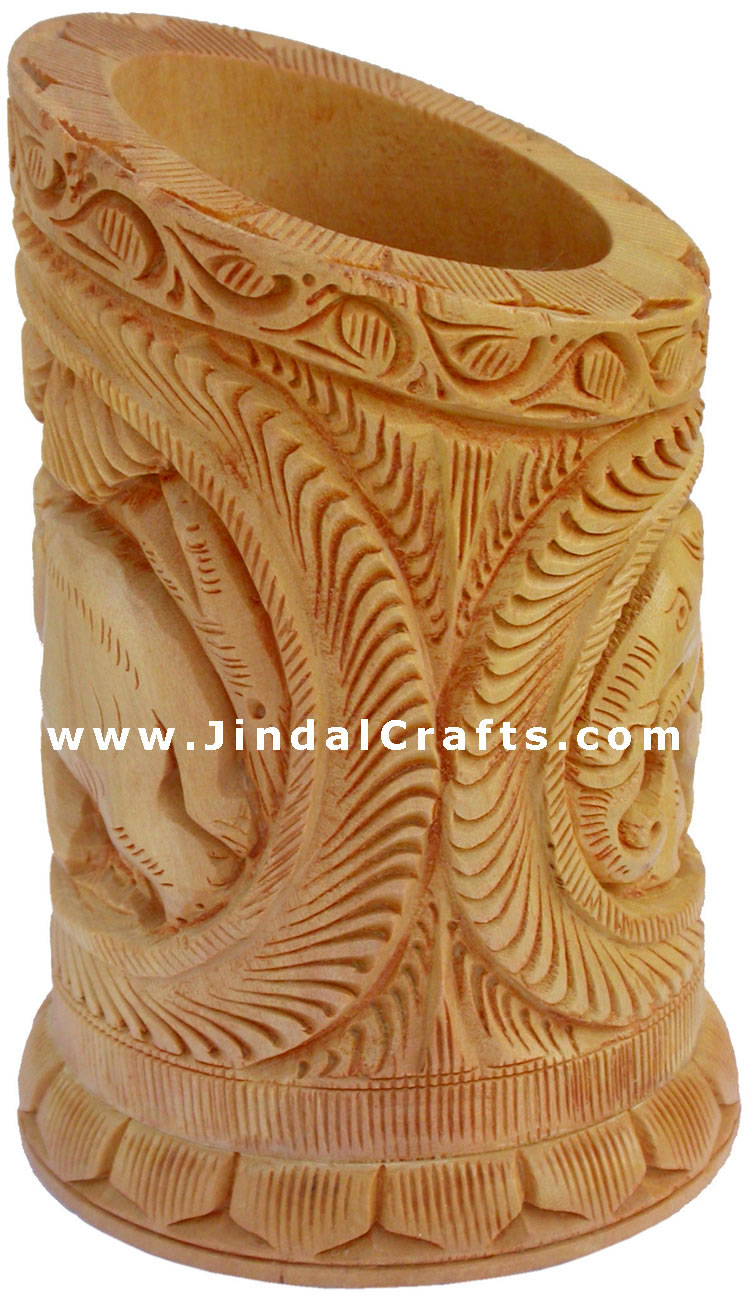 Hand Carved Wood Decorative Pen Holder Stand India Art