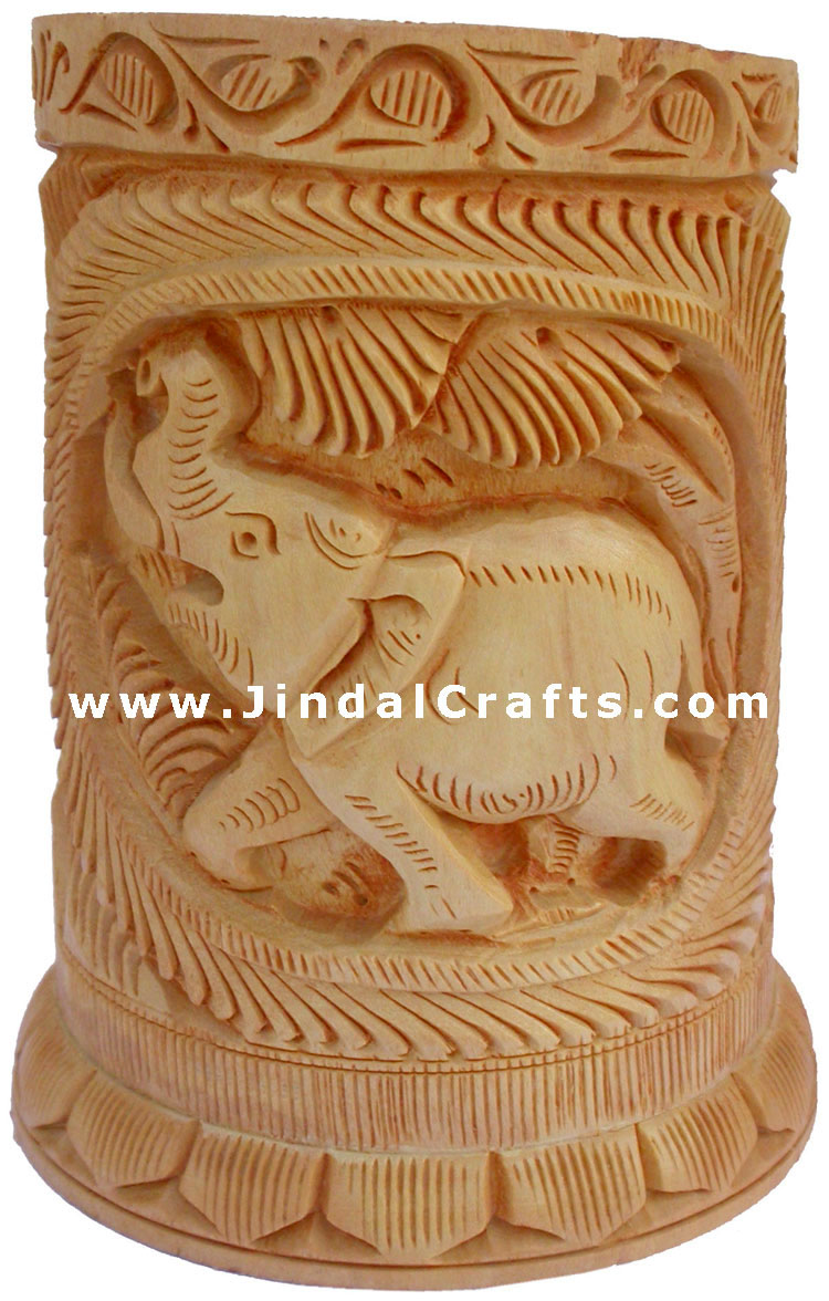 Hand Carved Wood Decorative Pen Holder Stand India Art