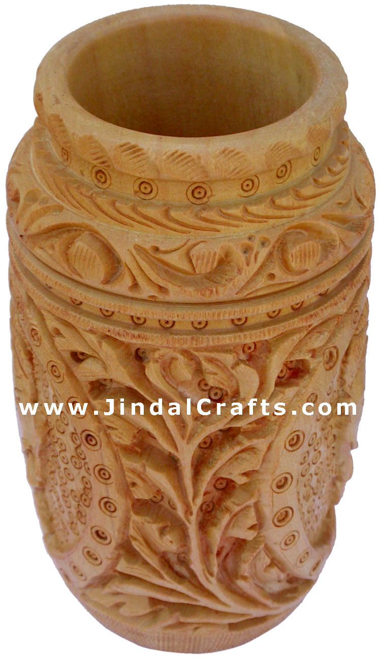 Hand Carved Wood Pen Holder Stand India Jungle Carving Gift Corporate Souvenirs