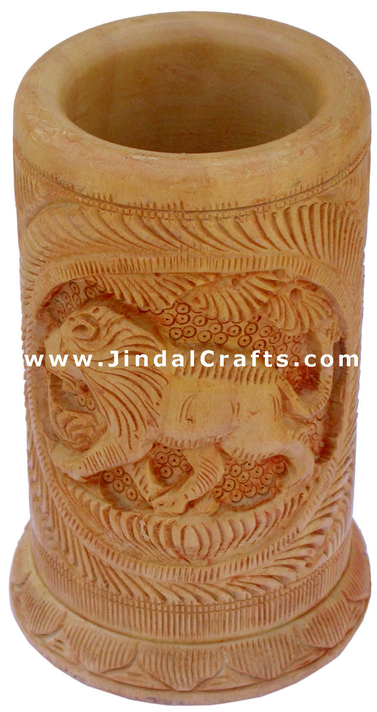Hand Carved Wood Decorative Pen Holder Stand India Art