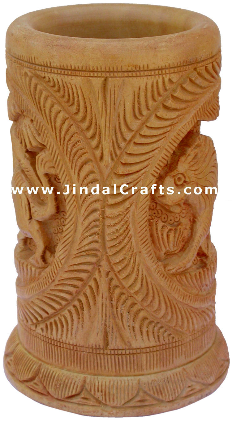 Hand Carved Wood Decorative Pen Holder Stand India Art