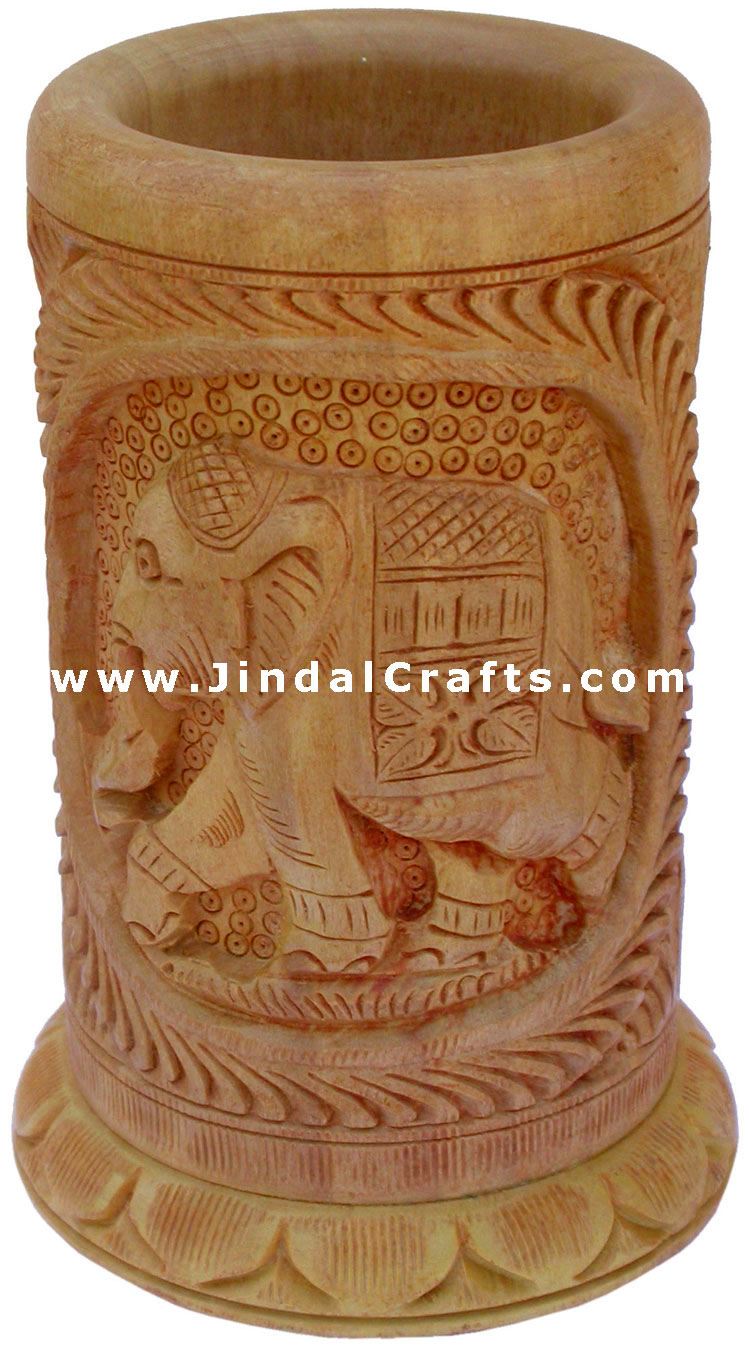 Hand Carved Wood Decorative Pen Holder Stand India Art