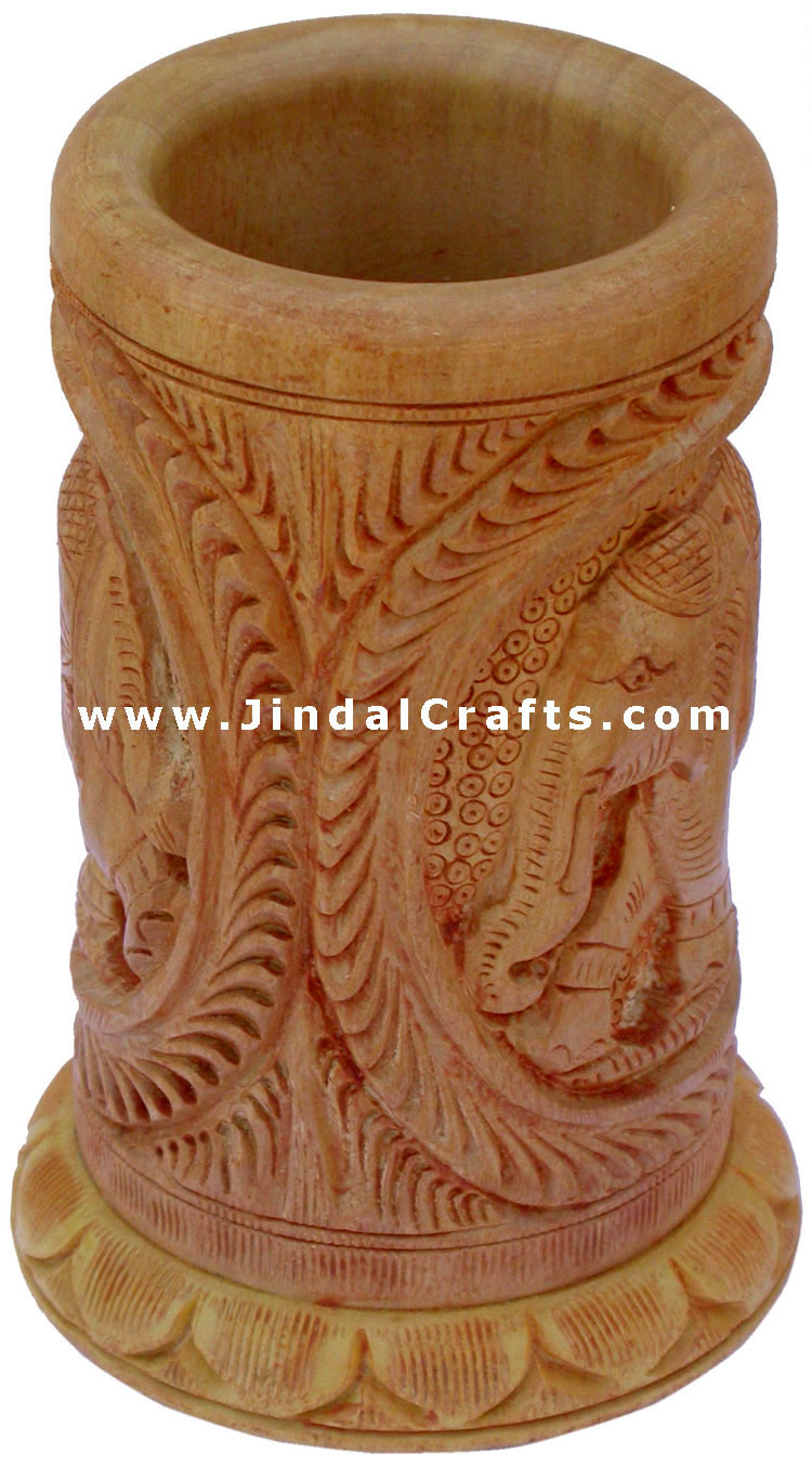 Hand Carved Wood Decorative Pen Holder Stand India Art
