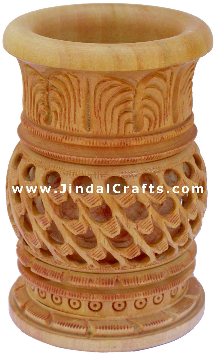 Hand Carved Wood Decorative Pen Holder Stand India Art