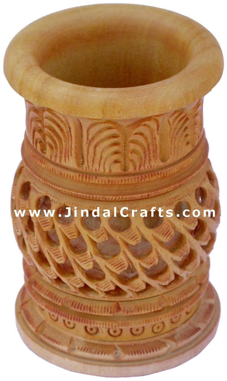 Hand Carved Wood Decorative Pen Holder Stand India Art
