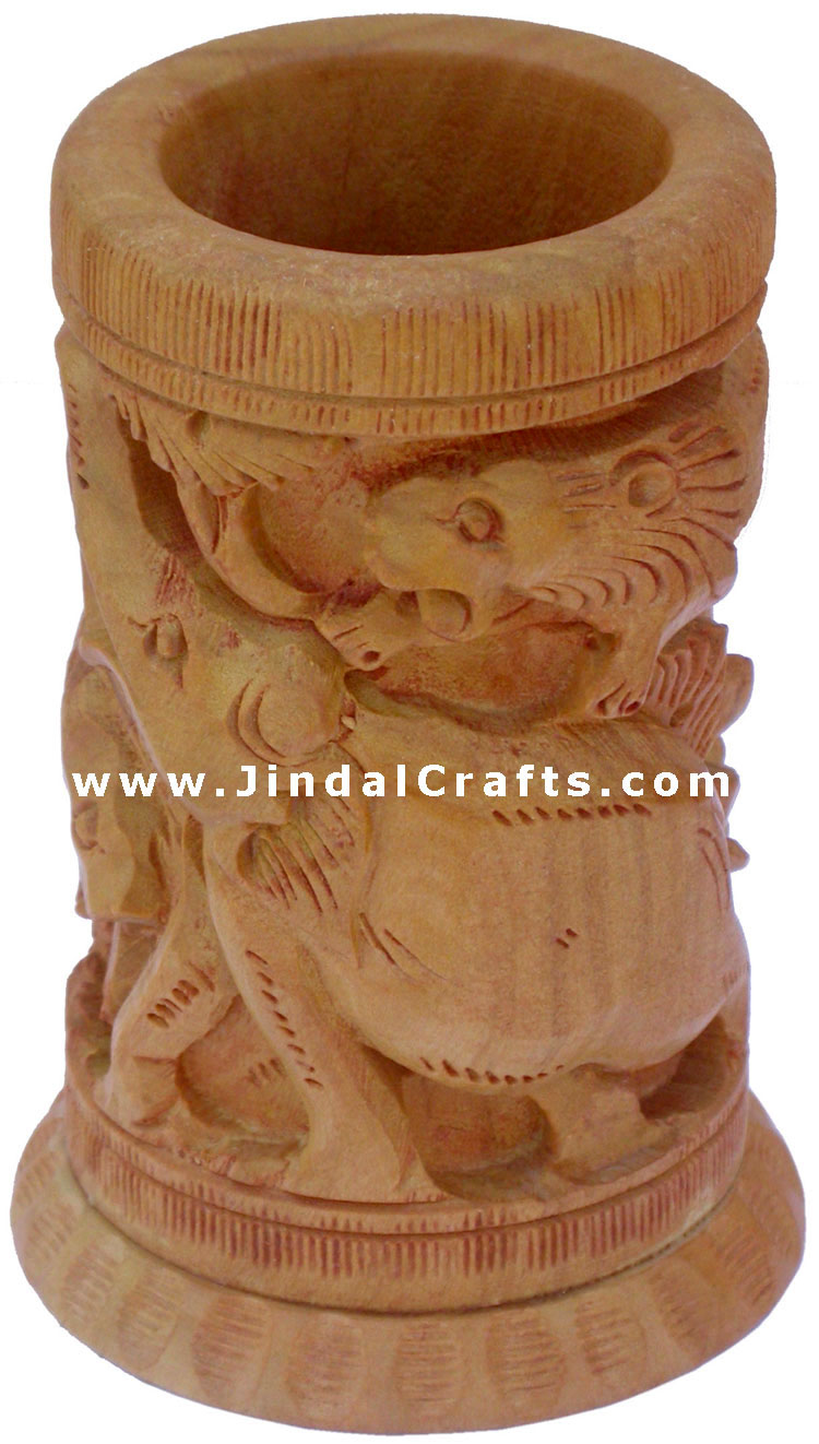 Hand Carved Wood Decorative Pen Holder Stand India Art