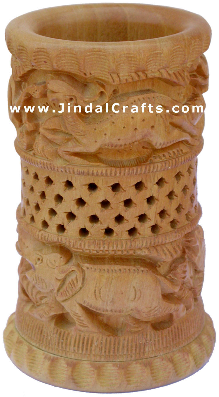 Hand Carved Wood Decorative Pen Holder Stand India Art