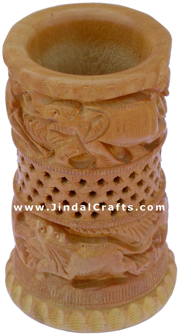 Hand Carved Wood Decorative Pen Holder Stand India Art