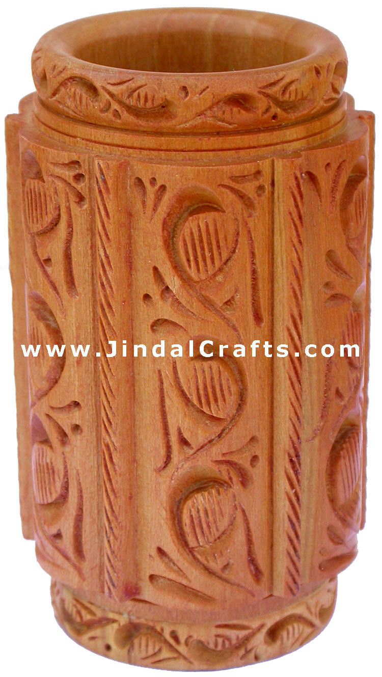 Hand Carved Wood Decorative Pen Holder Stand India Art