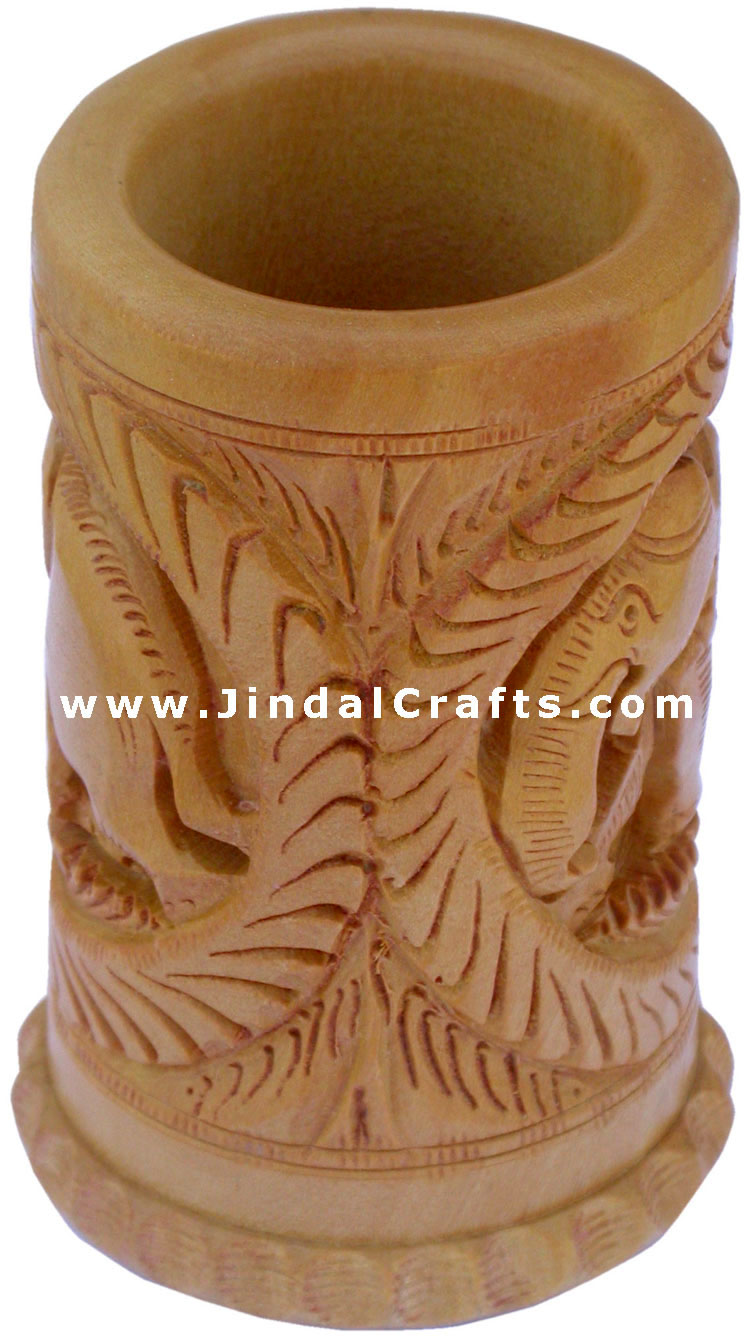 Hand Carved Wood Pen Holder Stand India Jungle Carving Gift Corporate Souvenirs