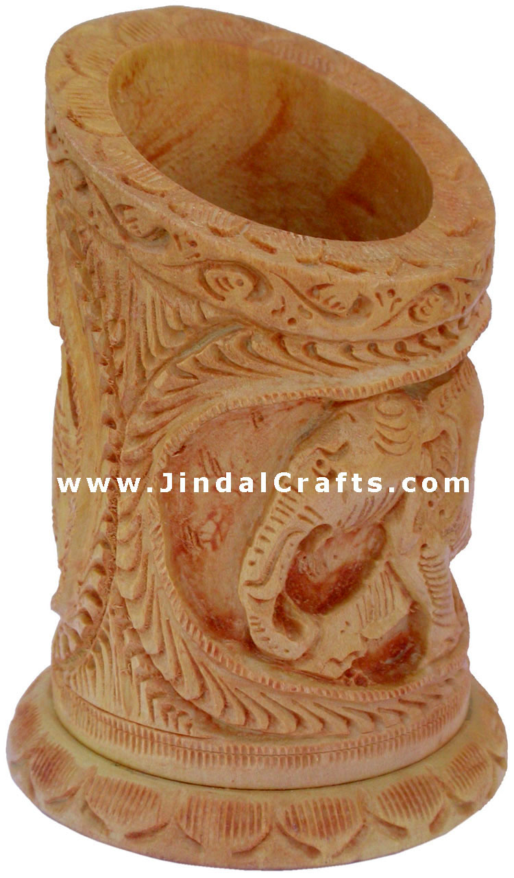 Hand Carved Wood Decorative Pen Holder Stand India Art