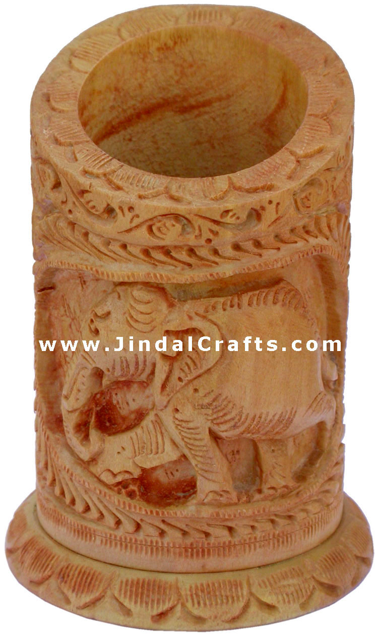 Hand Carved Wood Decorative Pen Holder Stand India Art