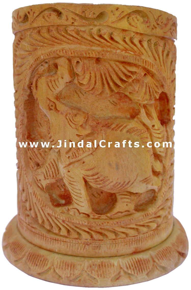 Hand Carved Wood Decorative Pen Holder Stand India Art