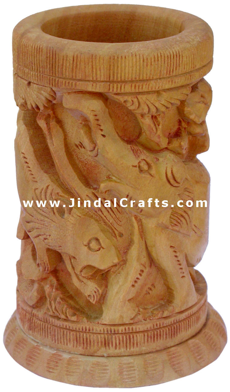 Hand Carved Wood Decorative Pen Holder Stand India Art