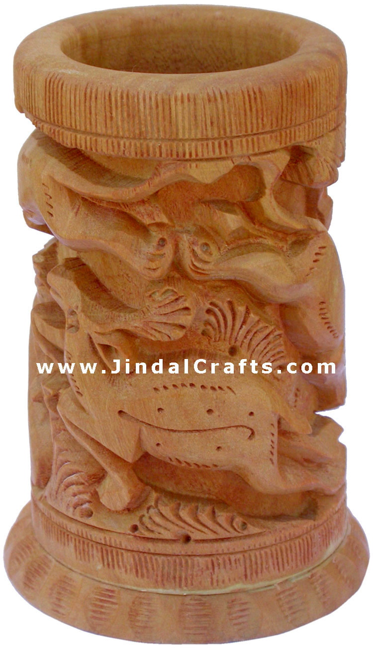 Hand Carved Wood Decorative Pen Holder Stand India Art