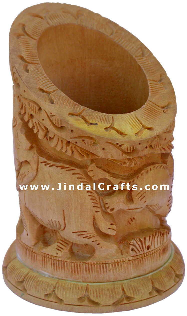 Hand Carved Wood Decorative Pen Holder Stand India Art